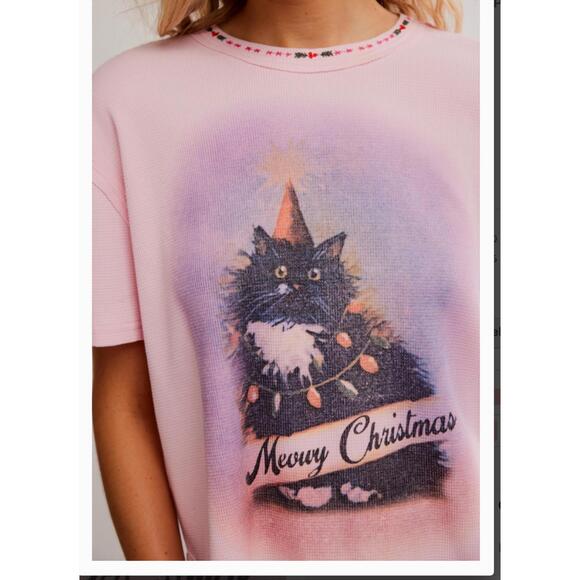 NEW FREE PEOPLE merry meowy tee in pink combo - Picture 5 of 5